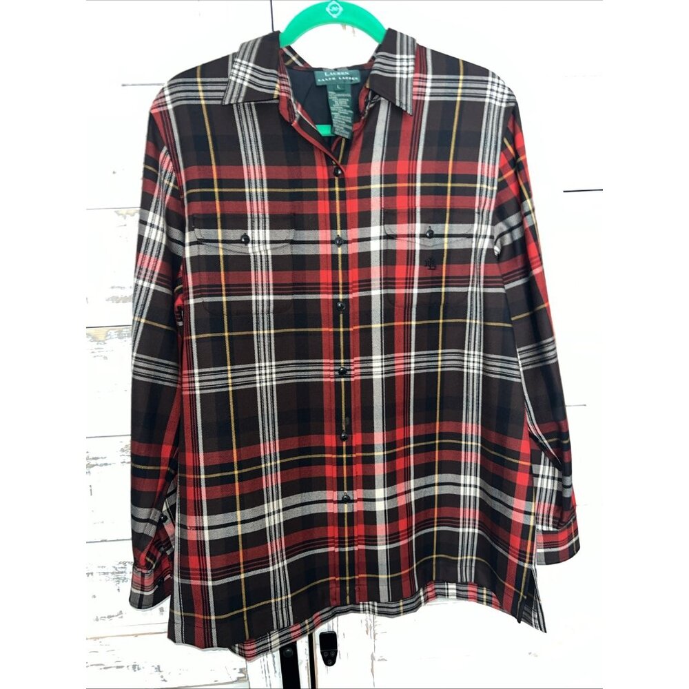 Vintage Ralph Lauren Brown Yellow Red Plaid Worsted Wool Button Down